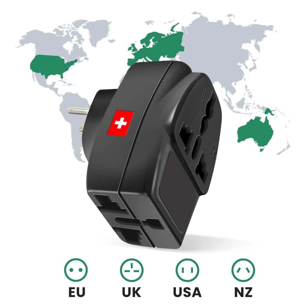 Adattatore Viaggio Tipo J Svizzera 3 uscite Nero Akashi