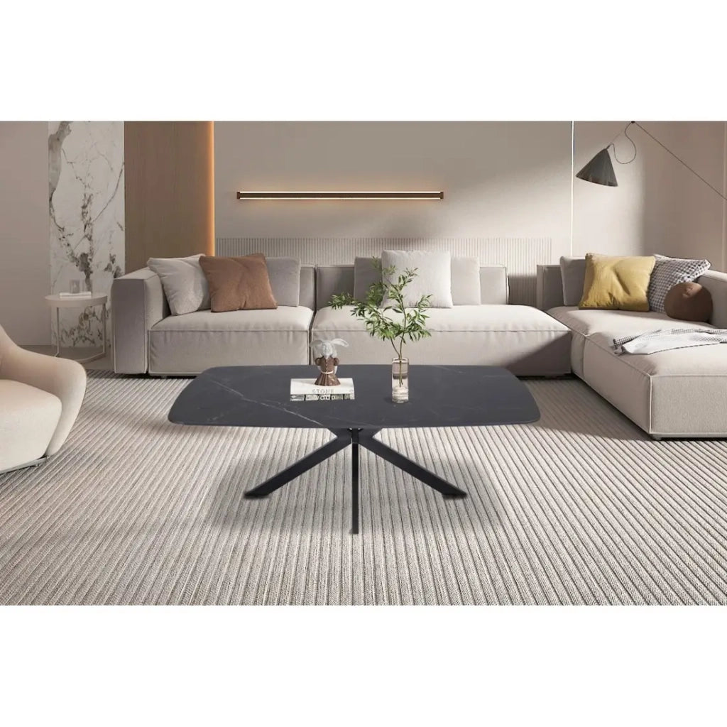 Table bassa ARVENA – Tavolino rettangolare 130x70 cm – Pietra nera & metallo – Design elegante e contemporaneo