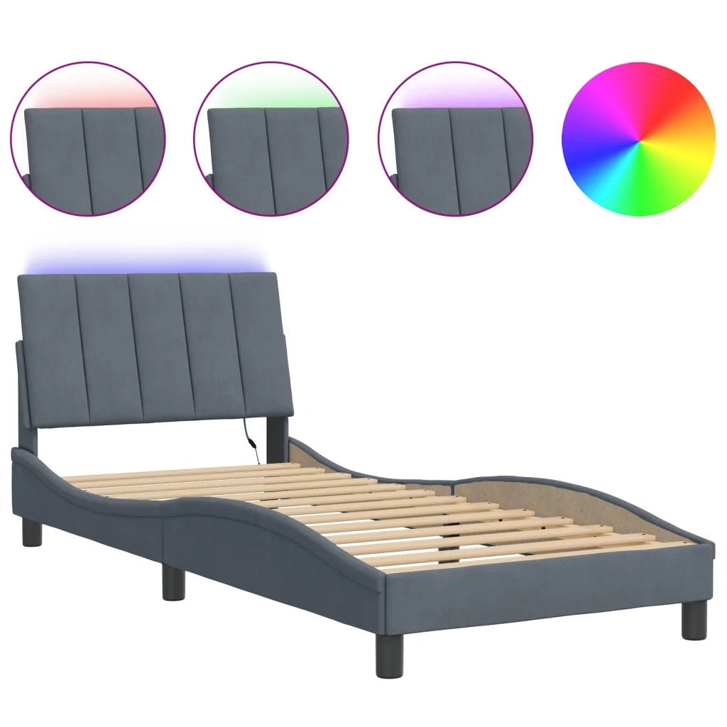 Letto singolo | Letto per adulti | Giroletto con LED senza Materasso Hanko Grigio Scuro 90x190 cm in Velluto