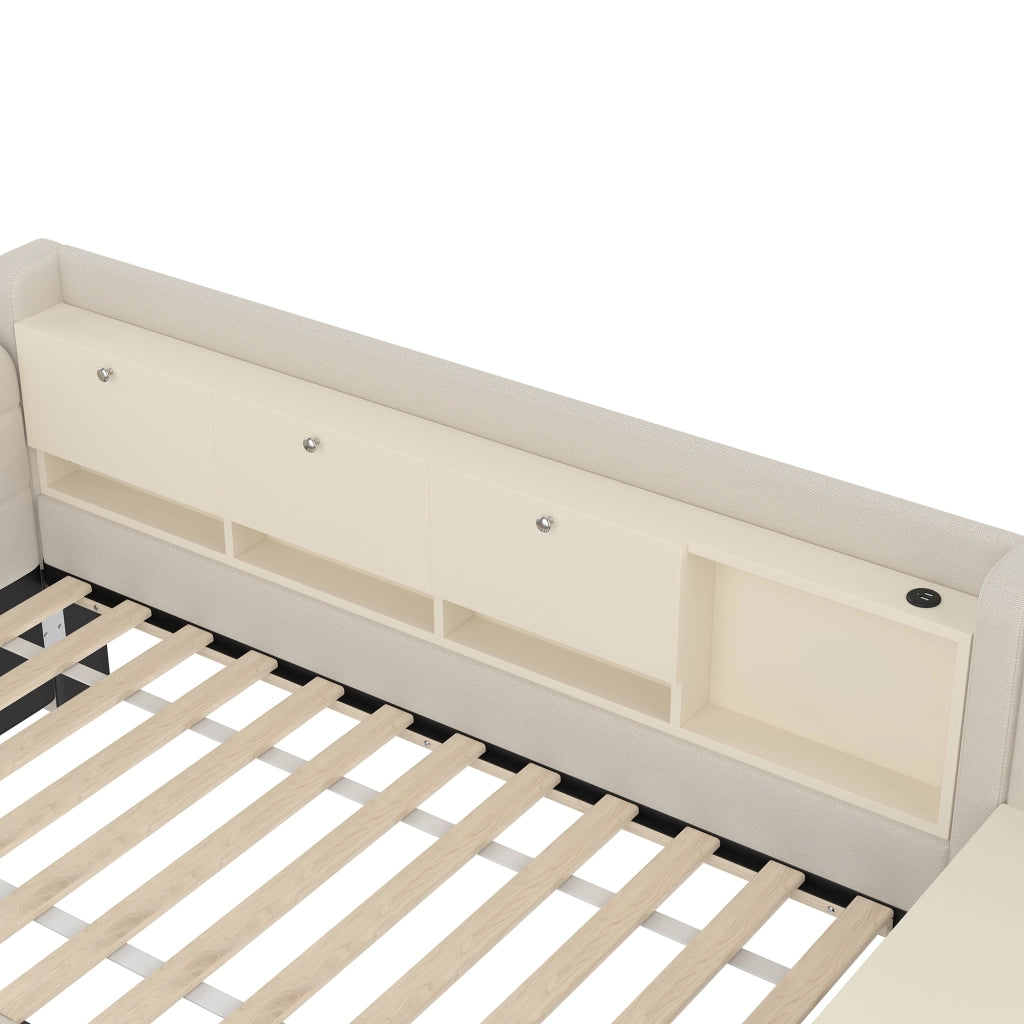 LETTO 90x200 cm in lino beige con 2 cassetti, scrivania, USB e Tipo C