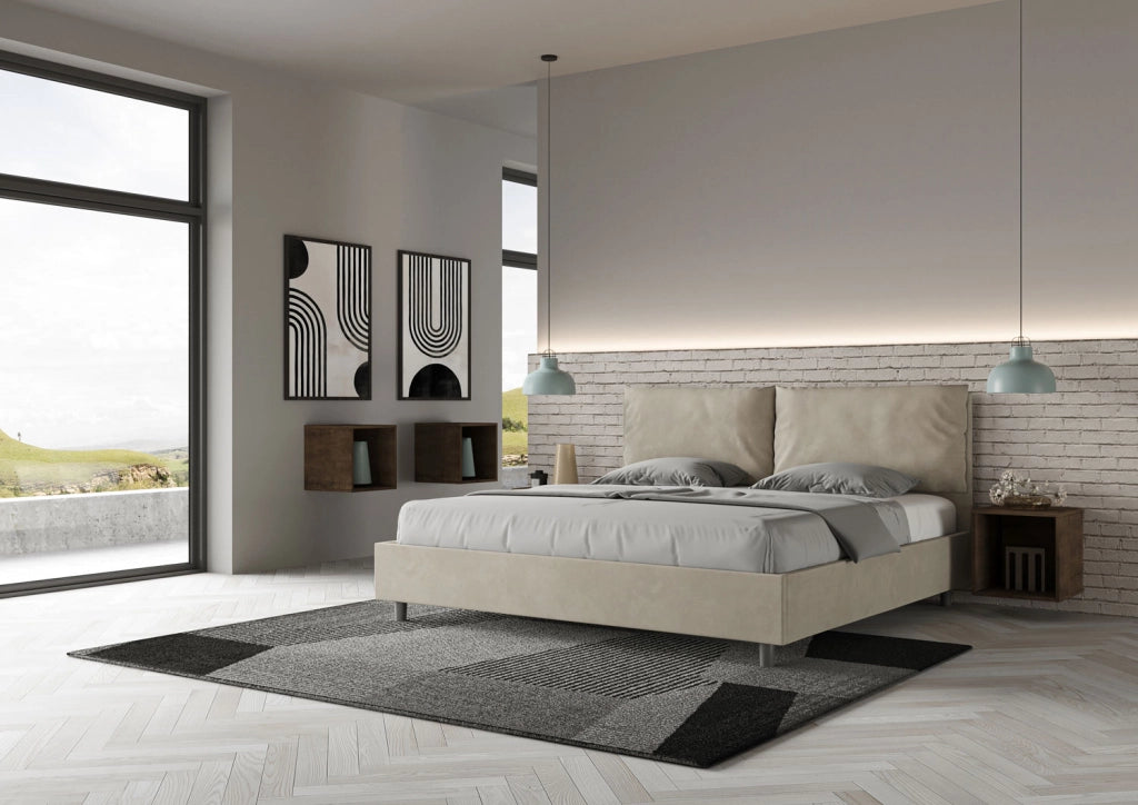BS COM Letto matrimoniale king size con rete imbottito 200x210 microfibra sabbia