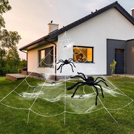 Decorazione di Halloween - Ragnatela Reale 7 m a forma di Triangolo - Tela Spiegabile - Ragno in Plastica - Horror per Giardino Piazza Casa dei Sogni