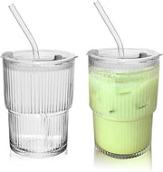 2 bicchieri verticale striati 400 ml con coperchio e manico