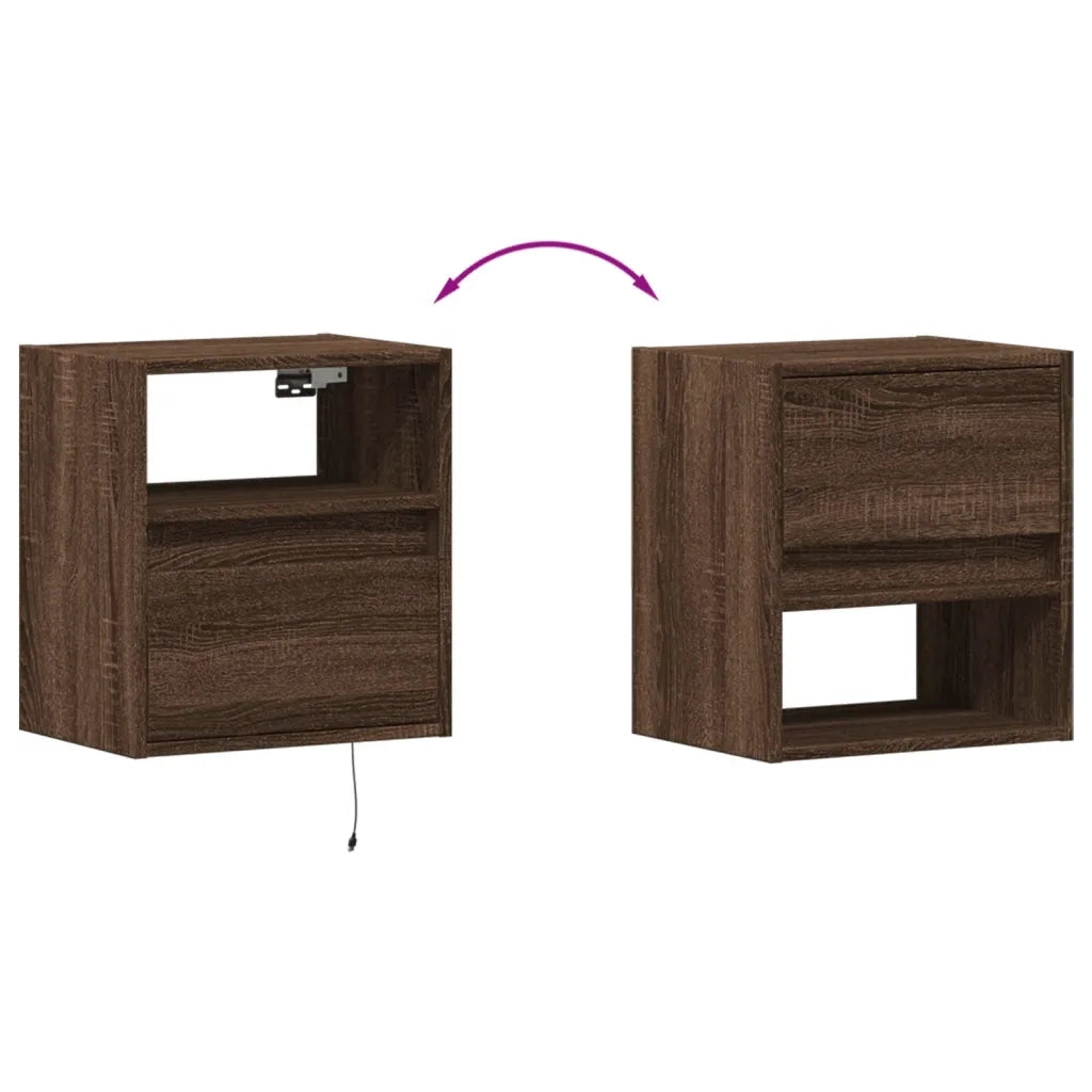 Comodini a Parete con luci LED 2 pz Rovere Marrone 3307988