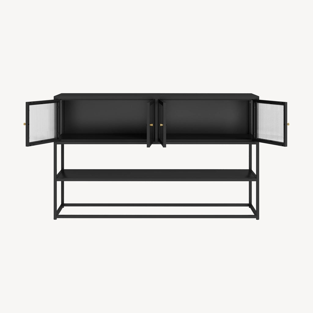 Credenza Bassa Säkylä con Ante in Vetro Scanalato 150x38x90 cm Nero [en.casa]