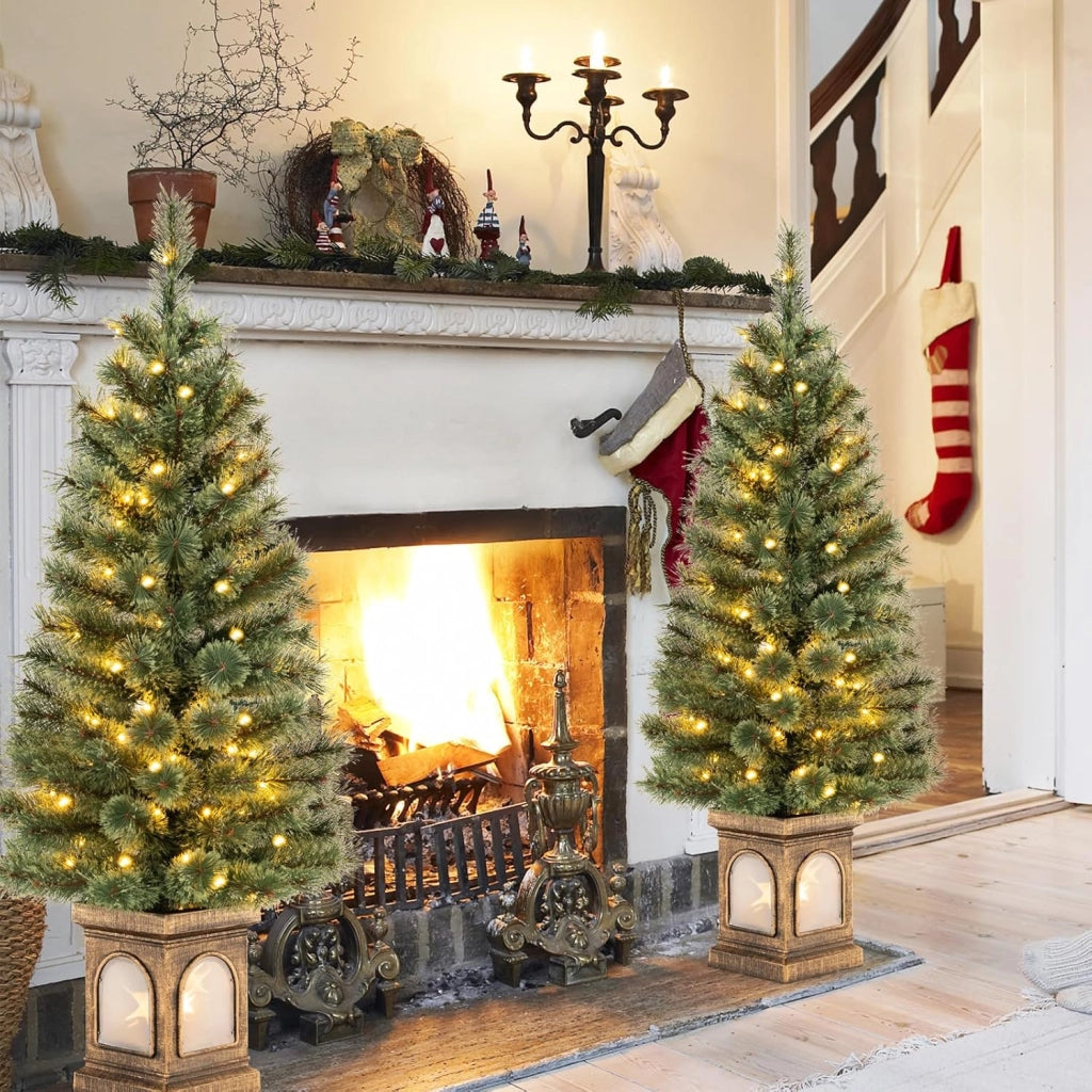 Albero di Natale Piccolo da Tavolo 120 cm, Albero di Natale Artificiale in Vaso con Luci e Rami Densi, Decorazione Natalizia per Casa, Ufficio e Negozio (Verde e Bronzo)