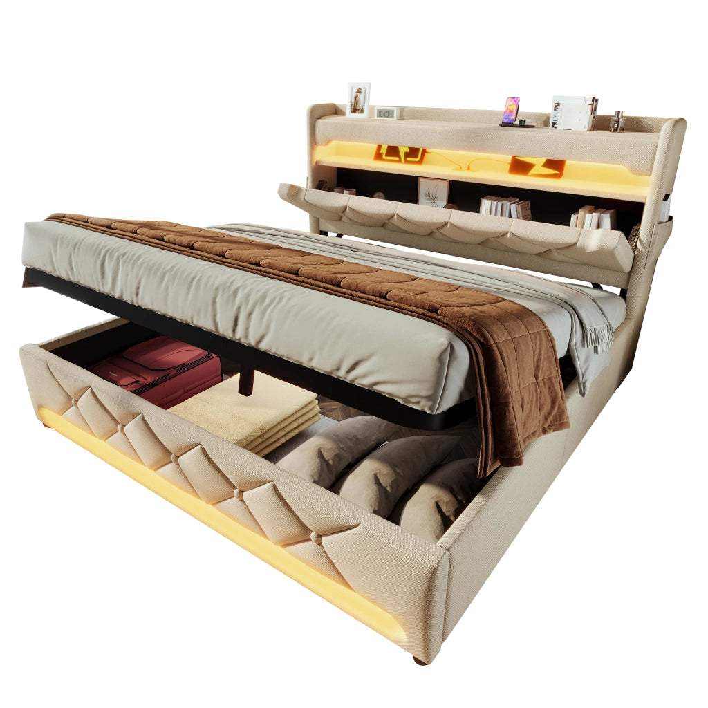 Letto Matrimoniale Imbottito con Contenitore Idraulico e LED ¨C MINIMAL ¨C Beige, 180x200