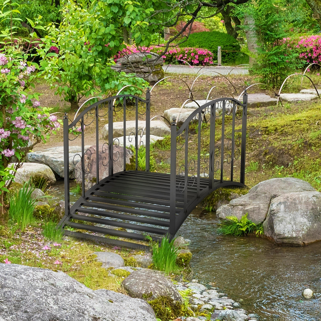 Ponte da giardino in acciaio, 1,19 m, ponte per laghetto con ringhiera e motivo floreale, ponte decorativo fino a 120 kg per balcone e terrazzo, nero