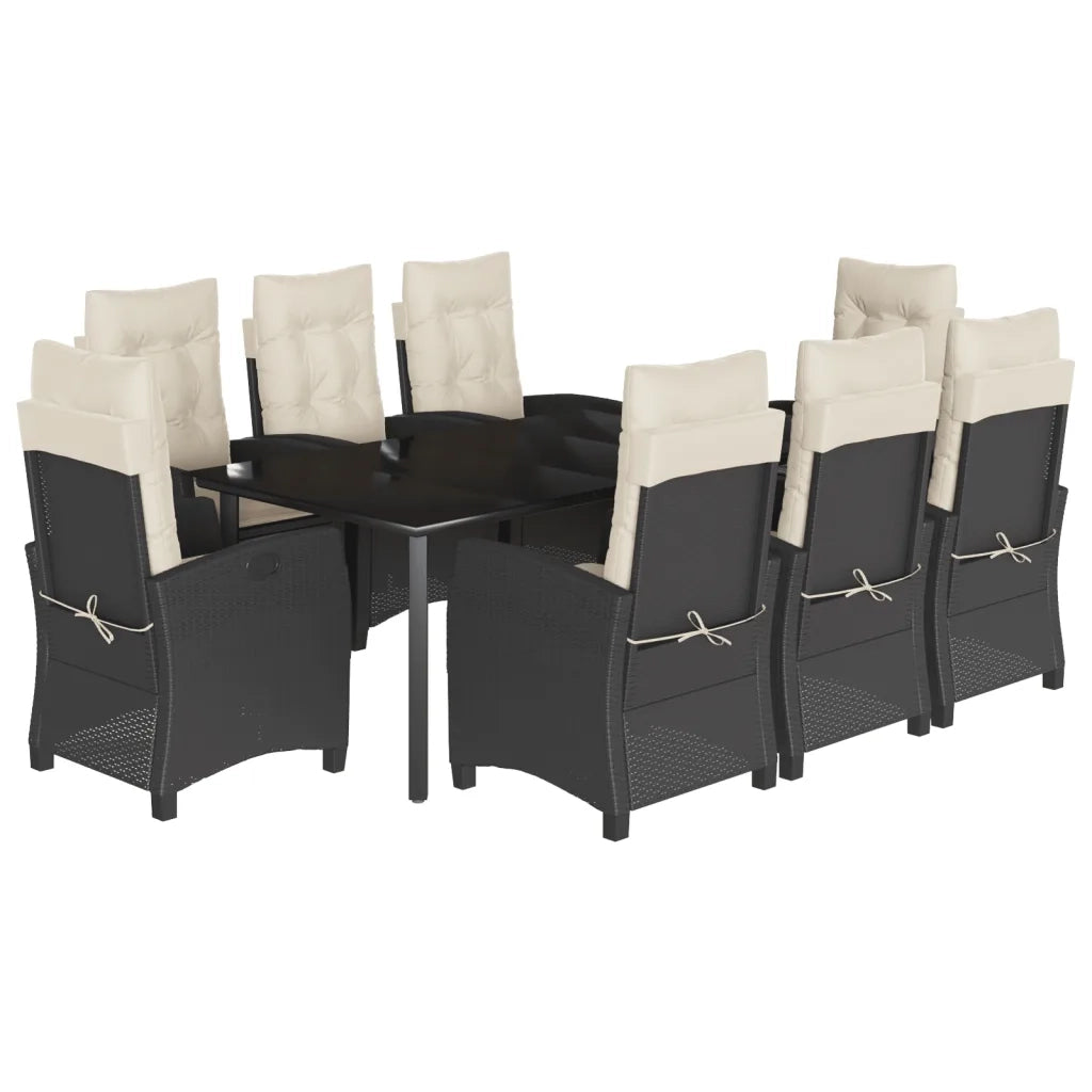 Set da Pranzo da Giardino 9 pz con Cuscini Nero in Polyrattan