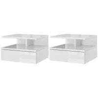 Set da 2 Comodini Moderni Sospesi con Cassetto e Mensola in Legno 35x32x22.5cm, Bianco Lucido