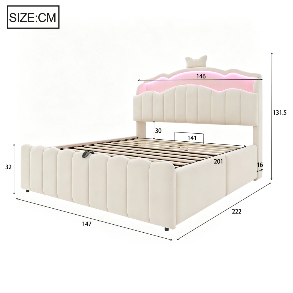 LETTO 140x200 cm imbottito in velluto beige con LED, USB, USB-C e vano contenitore