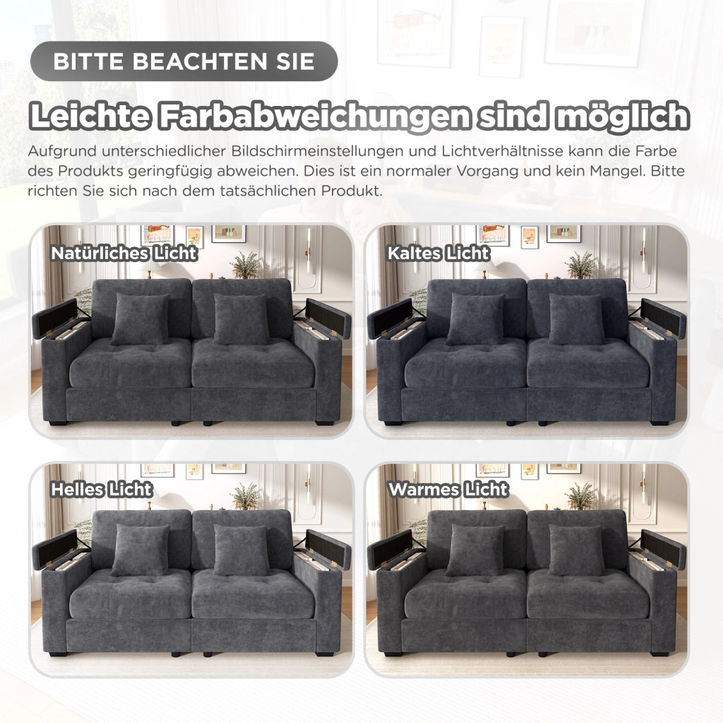 DIVANO 2 POSTI In Chenille Grigio Scuro con contenitore nei braccioli e 2 cuscini