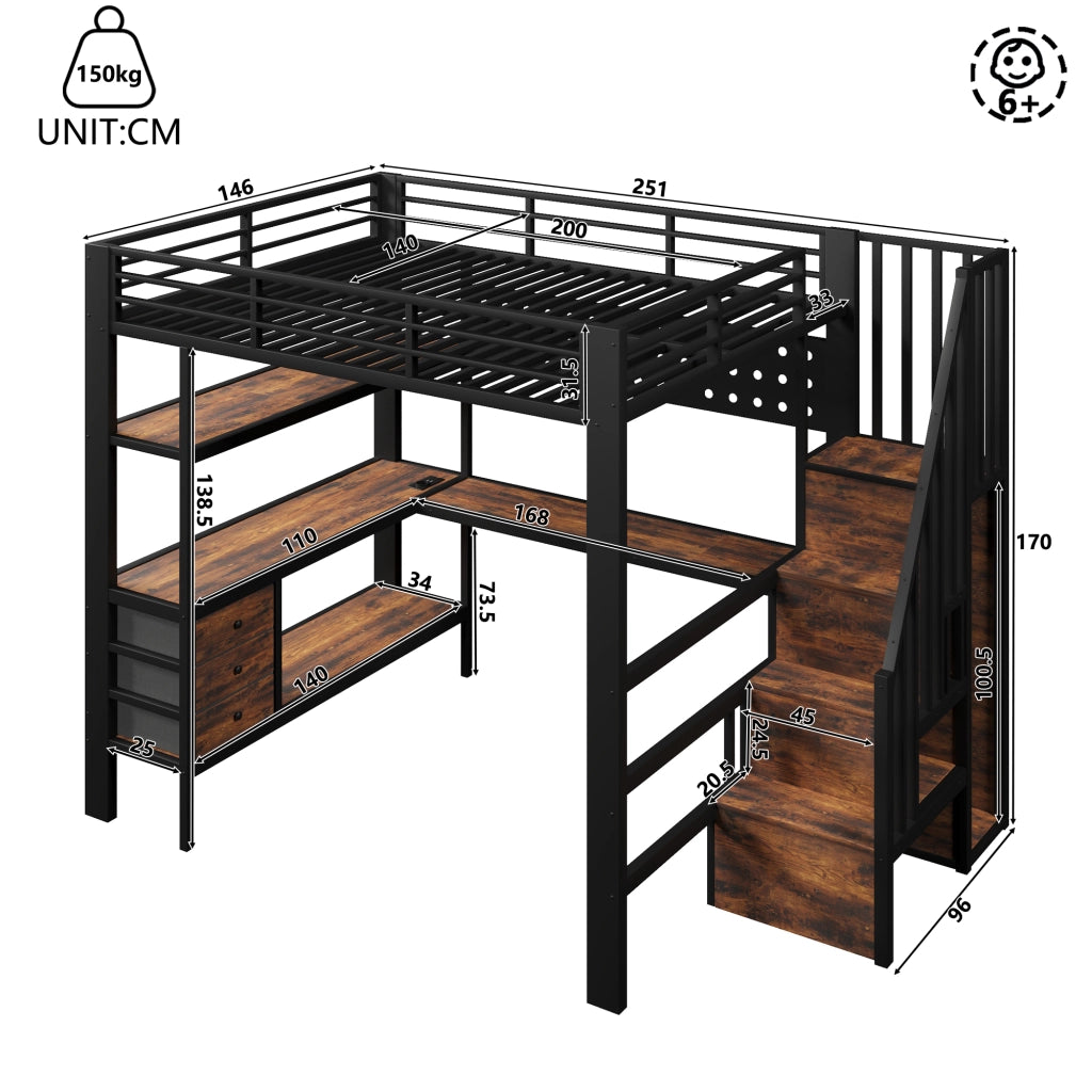 LETTO a soppalco 140x200 cm in metallo e MDF nero con scrivania
