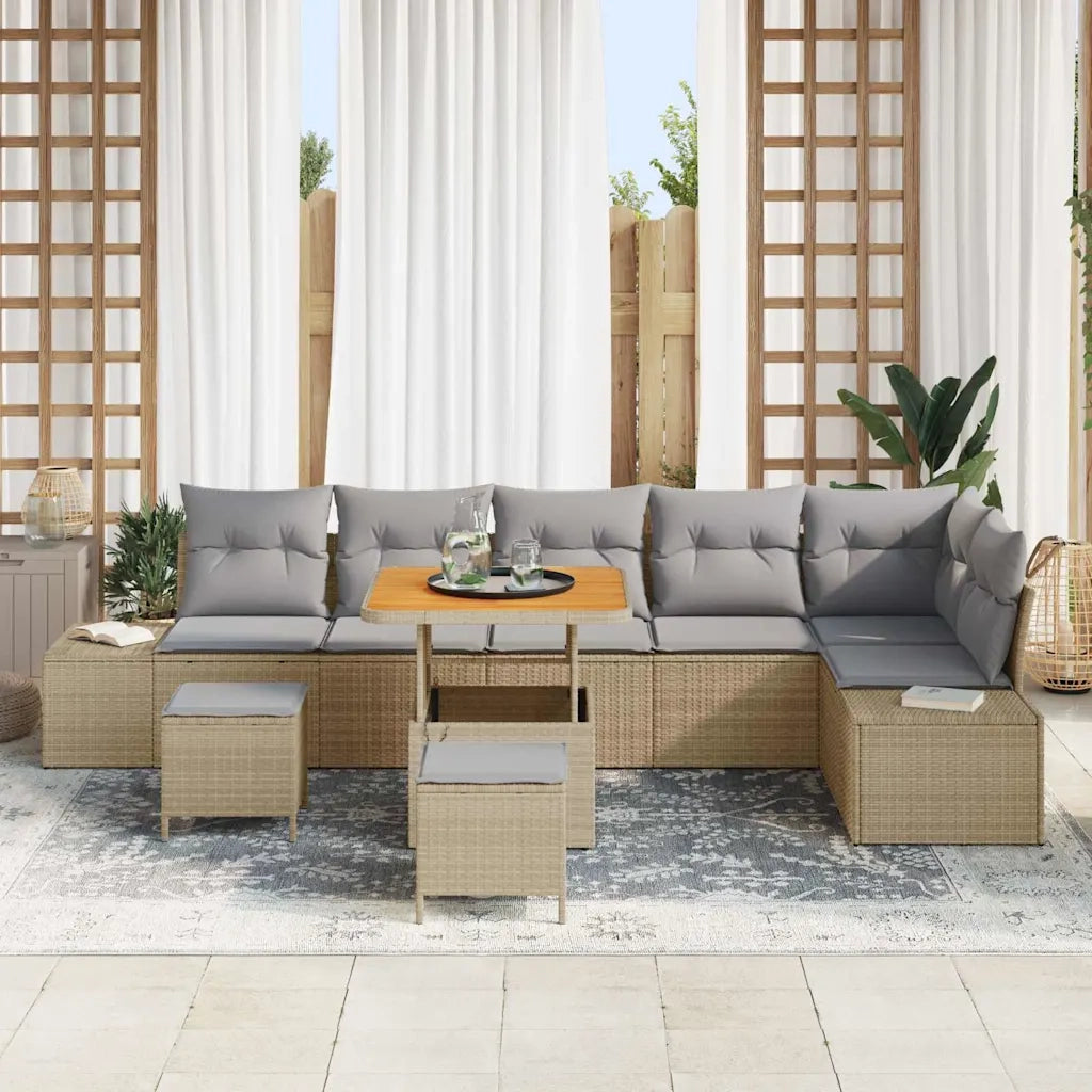 Set Divano da Giardino con cuscino 9 pcs Beige Poly Rattan
