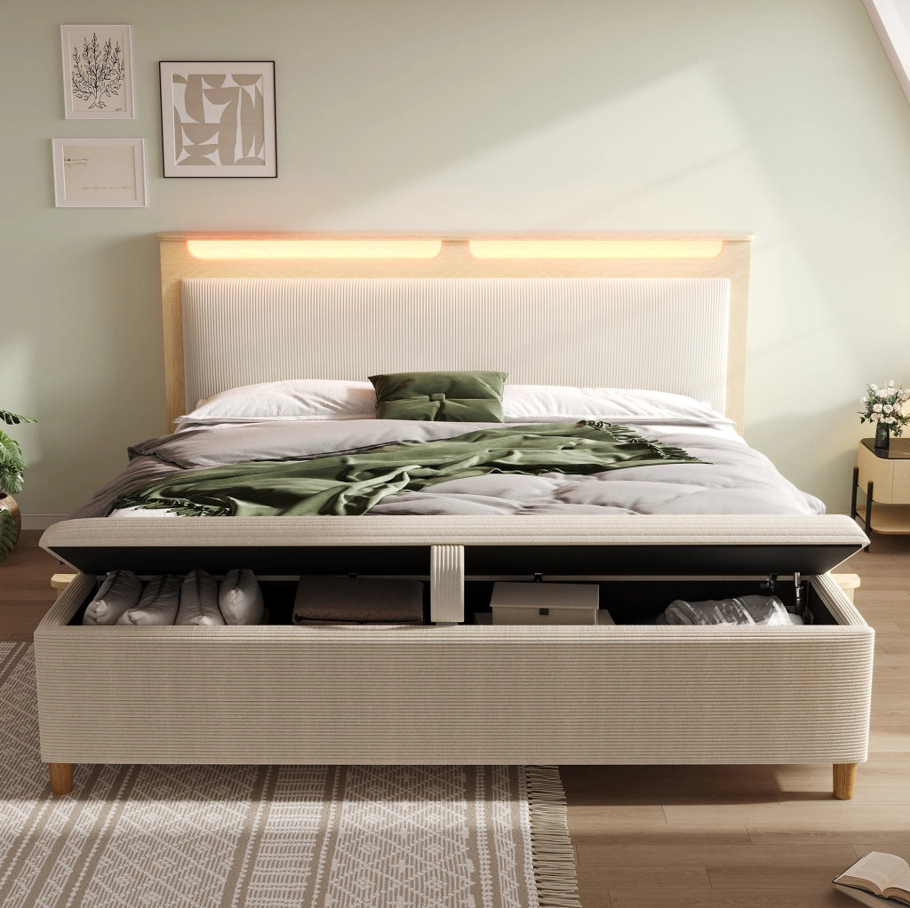 Letto 140x200 cm con contenitore e LED in legno e corduroy beige