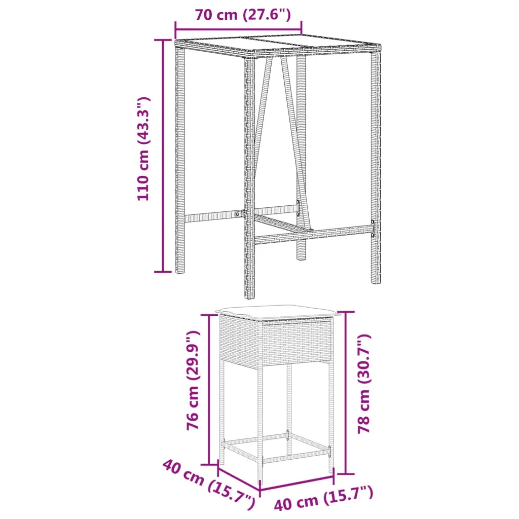 Set Bar da Giardino 3 pz con Cuscini in Polyrattan Marrone 3261458