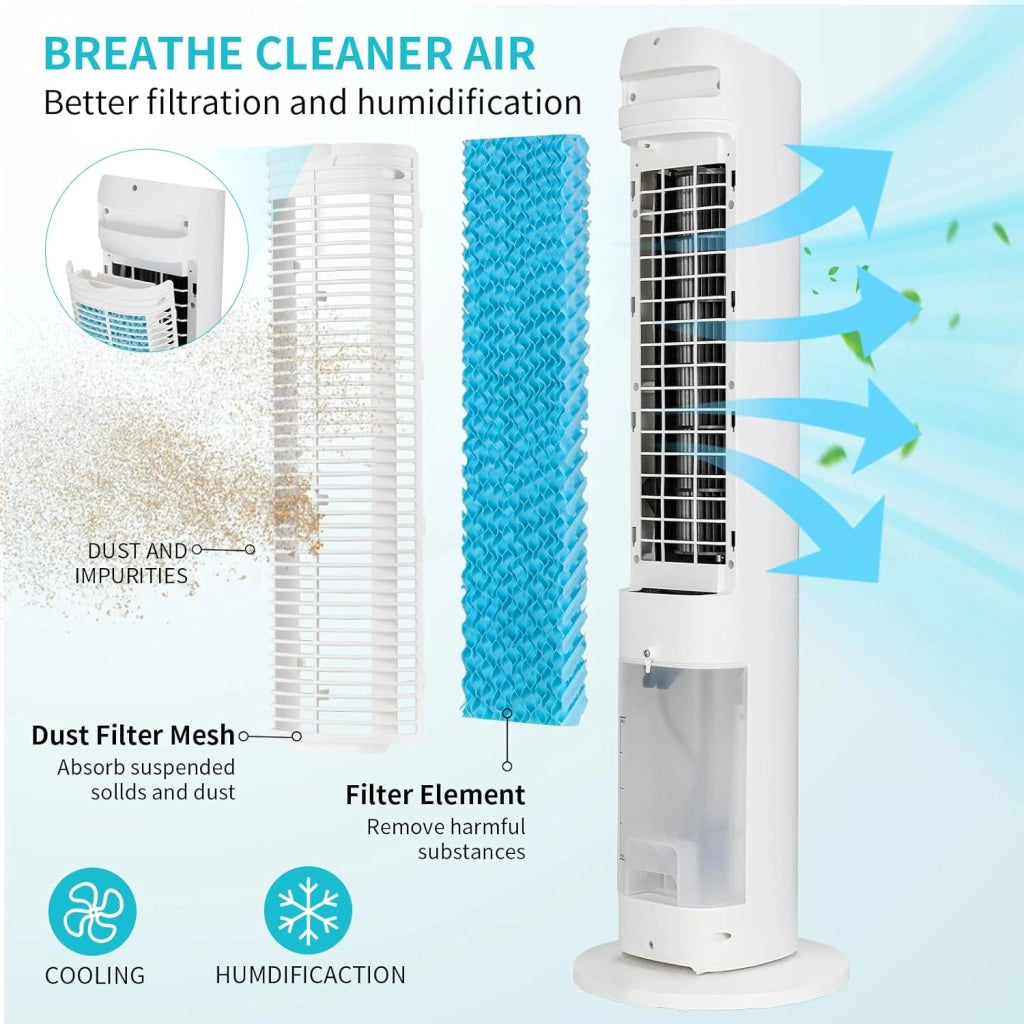 Ventilatore a torre funzione aroma con raffreddamento ad acqua con telecomando ventilatore a piantana 5,5 m/s 3 velocità 4 modalità 12 timer oscillazione 48° raffreddamento umidificazione