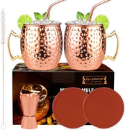 Set di bicchieri Moscow Mule da 2, 19,5 oz in ottone con 2 sottopiani in silicone, 2 canne, set di misure e spazzola per canne