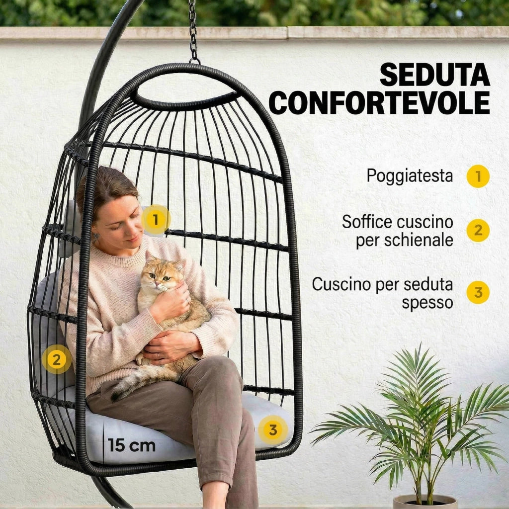 Sedia a Uovo Sospesa. Altalena Esterno con Supporto e Cinghia Sicurezza. Nero/Grigio Chiaro