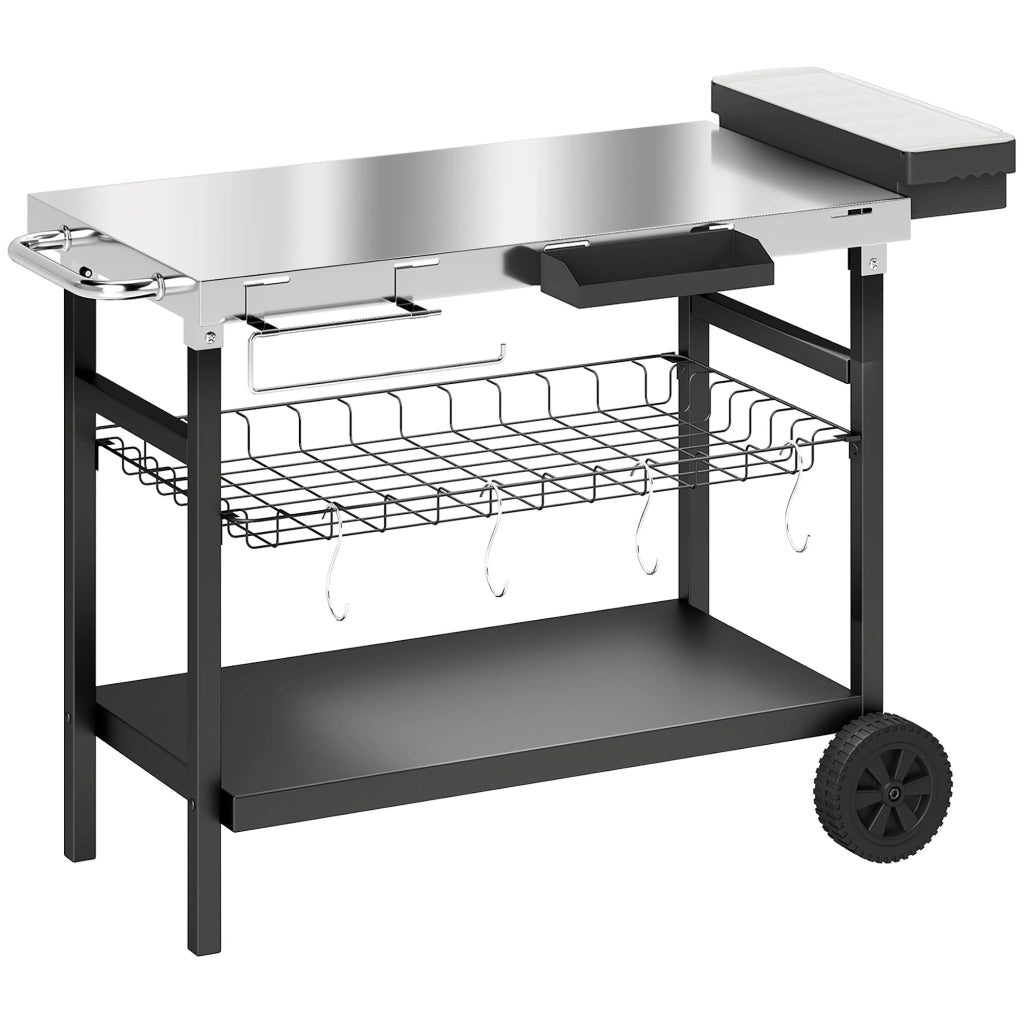Carrello Barbecue da Esterno 114x61x81 cm con Piano in Acciaio Inossidabile Porta Spezie Ganci e Maniglia Laterale Nero