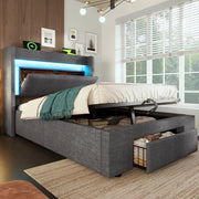 Letto imbottito 90x200 cm con contenitore idraulico; LED; USB e USB C; lino grigio