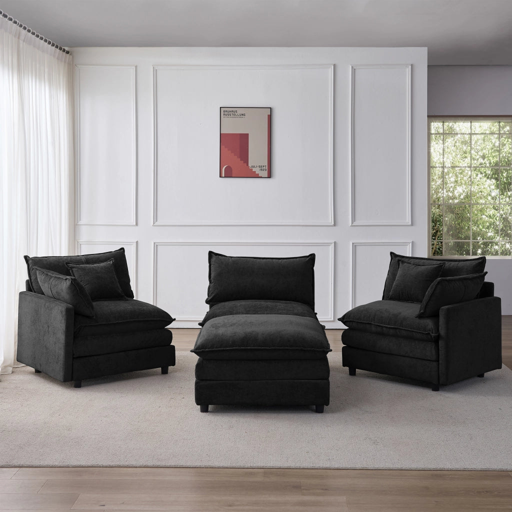 Divano angolare modulare 3 posti con pouf mobile chaise longue e rivestimento sfoderabile in chenille nero