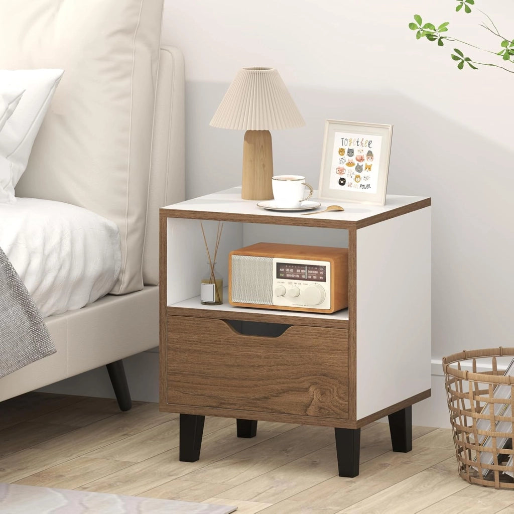 Set di 2 Comodini 37 x 33 x 44 cm, Tavolini da Letto con Cassetto, Scomparto Aperto e Gambe in Metallo, Mobile Laterale per Camera da Letto, Salotto e Soggiorno, Naturale e Bianco (2)
