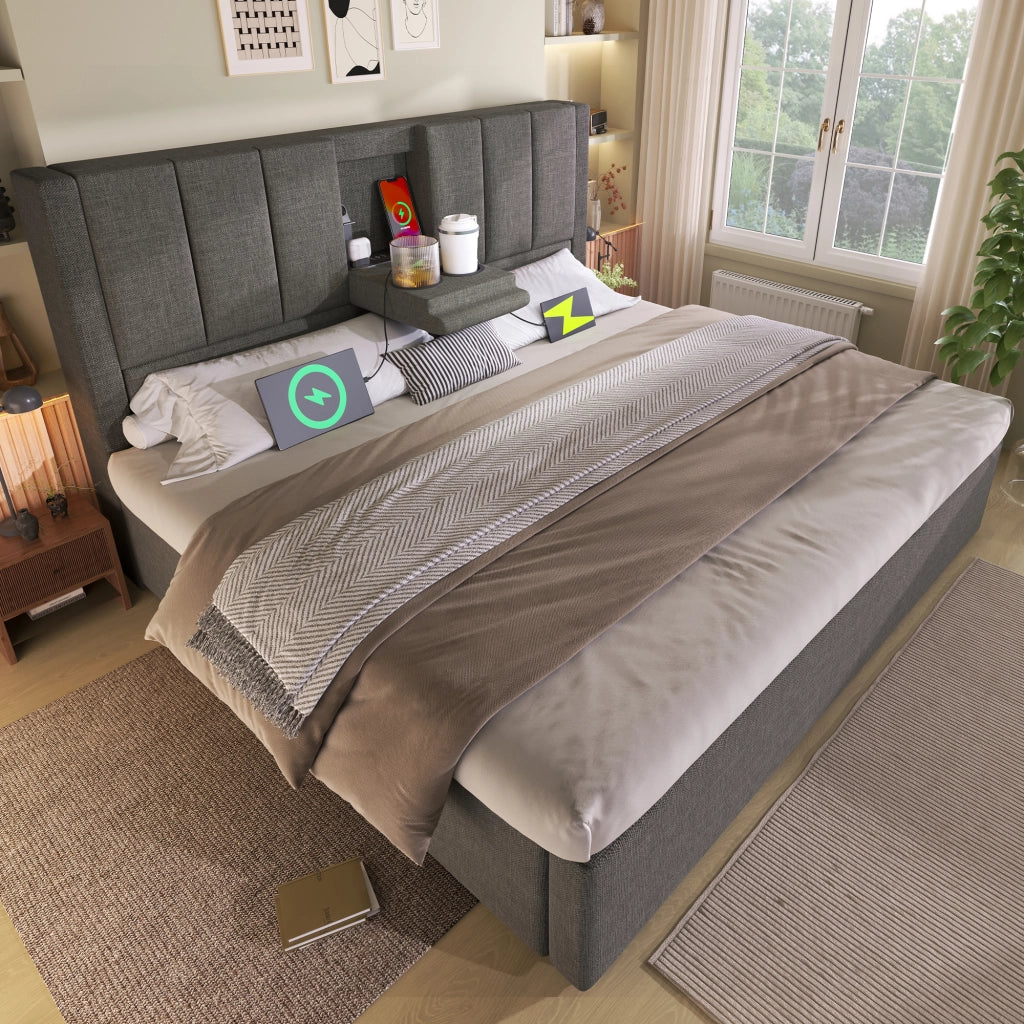 Letto matrimoniale – 140x190 cm – portabicchieri USB contenitore – lino grigio