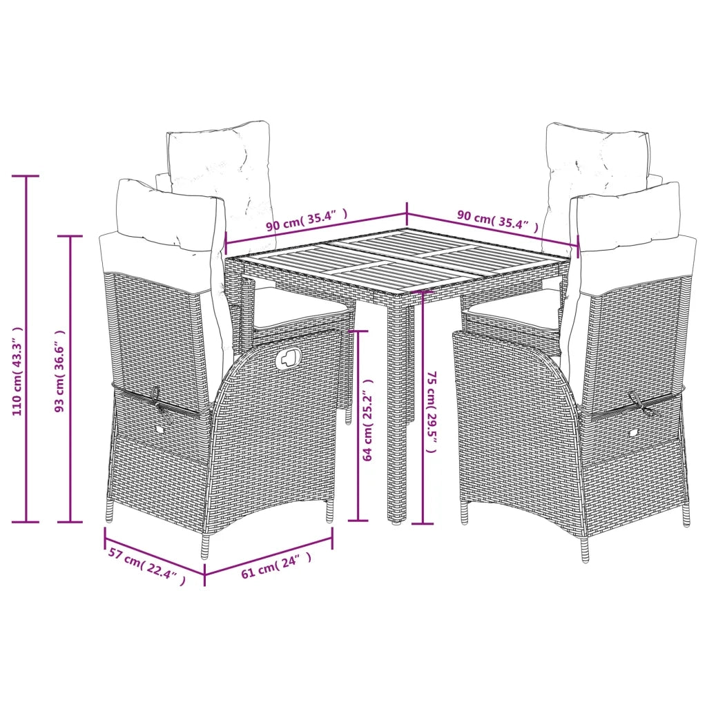 Set da Pranzo da Giardino 5 pz Nero con Cuscini in Polyrattan 3213339