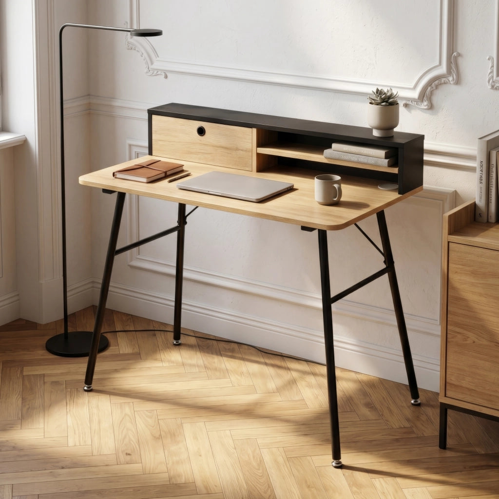 Scrivania Var con 2 Scomparti e Cassetto 93 x 90 x 50 cm - Nero / Effetto Rovere [en.casa]