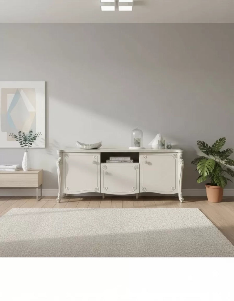 Porta tv in legno 3 ante shabby chic rilievo bianco opaco 172x57x69 - Mobili 2G