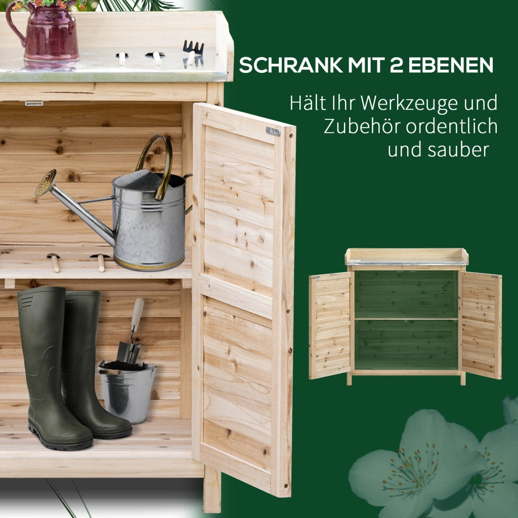 Mobile da giardino con 2 scomparti e piano di lavoro in metallo ¨C Xylo ¨C legno naturale 83x40x92 cm
