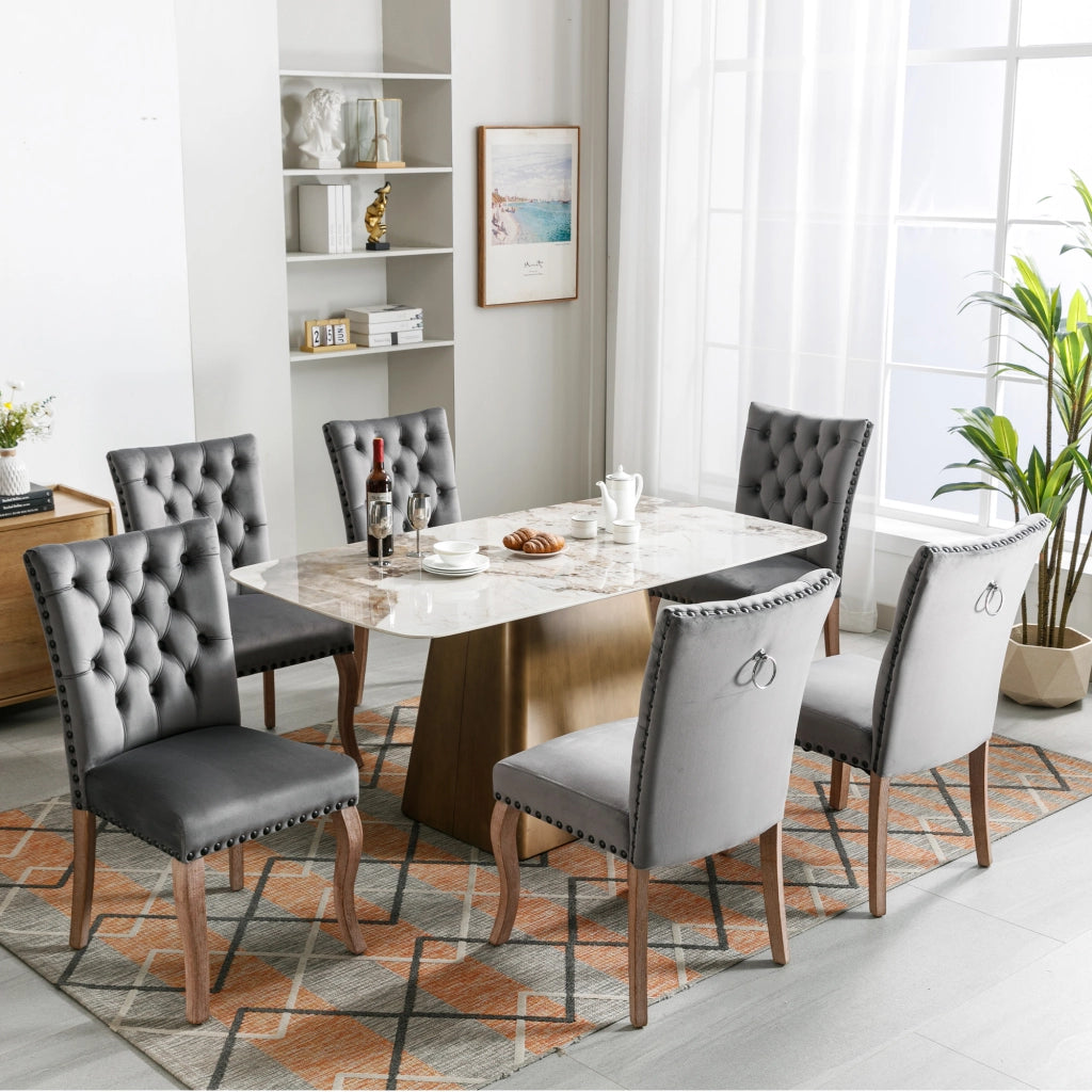 Sedie da Pranzo Imbottite in Velluto ¨C MINIMAL ¨C Set 6 Pezzi, Gambe Massello, Grigio