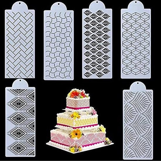 Stencili per Torta 6 pezzi - Disegno Fiorale - Decorazione Torta - Materiale PET - Facile da Pulire - Inoffensivo e Inodorante - Stampa per Torta