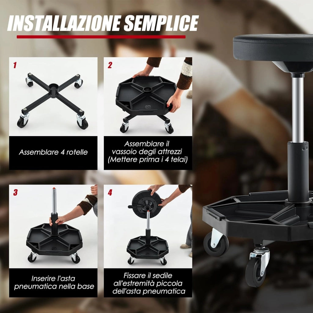 COSTWAY Sgabello da Officina con Ruote, con Ripiano per Attrezzi e Viti, Portata di 150 kg, Altezza Regolabile e Girevole, Sedia Meccanico per Garage, Officina (Nero)