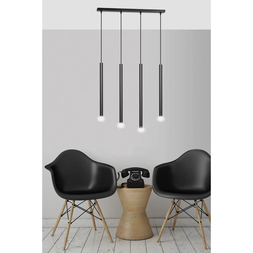 Lampadario 4 Luci Moderno Shu Acciaio Nero E Paralumi A Cilindri Sottili
