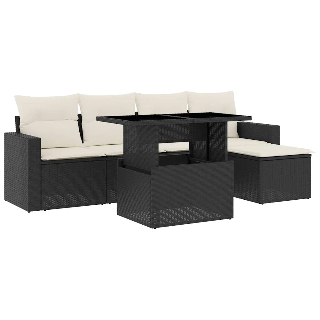 Set Divano da Giardino 6 pz con Cuscini Nero in Polyrattan