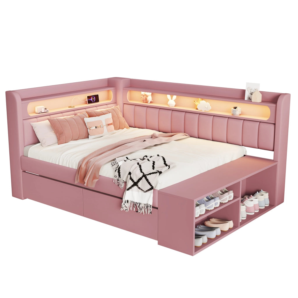 Divano letto imbottito 90x200cm - Zephmum- USB, LED, con scarpiera e 2 cassetti, Rosa