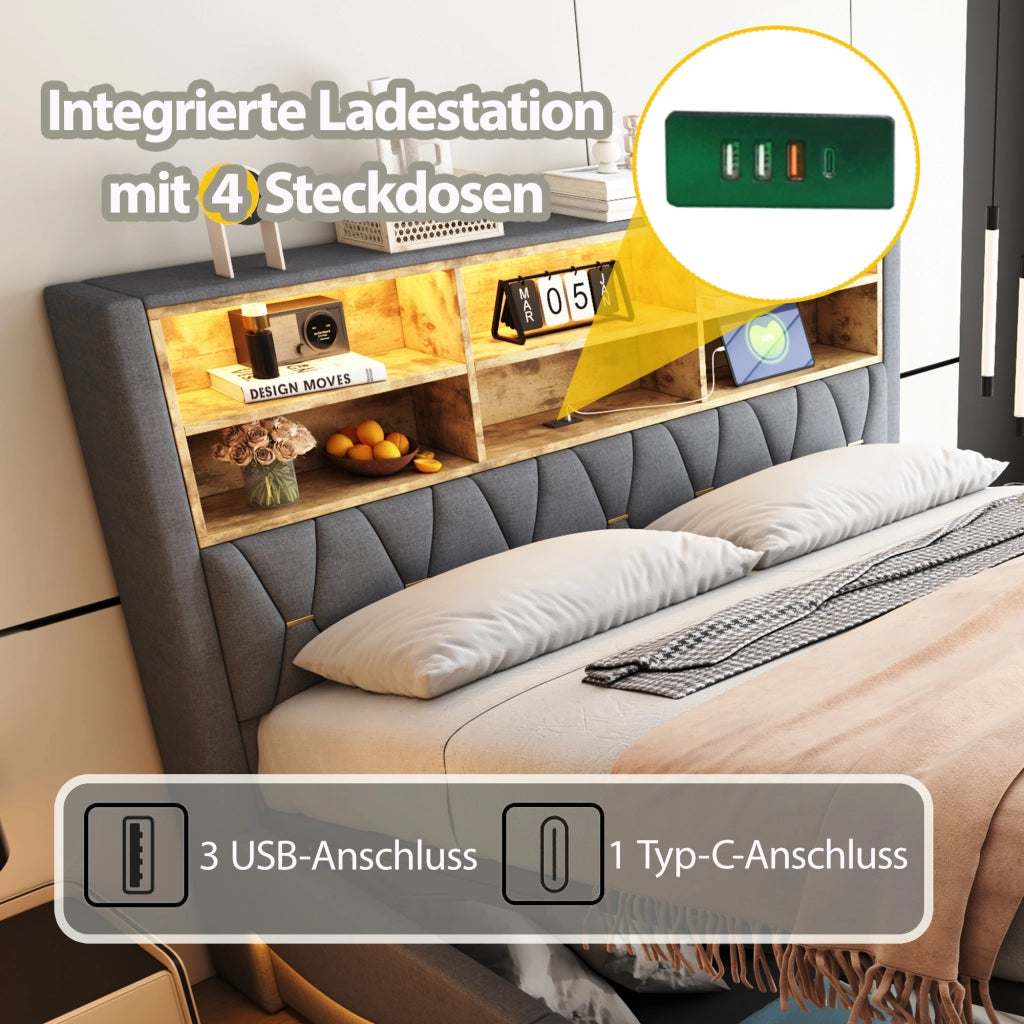 LETTO 180x200 cm con contenitore idraulico, LED APP e USB, Grigio