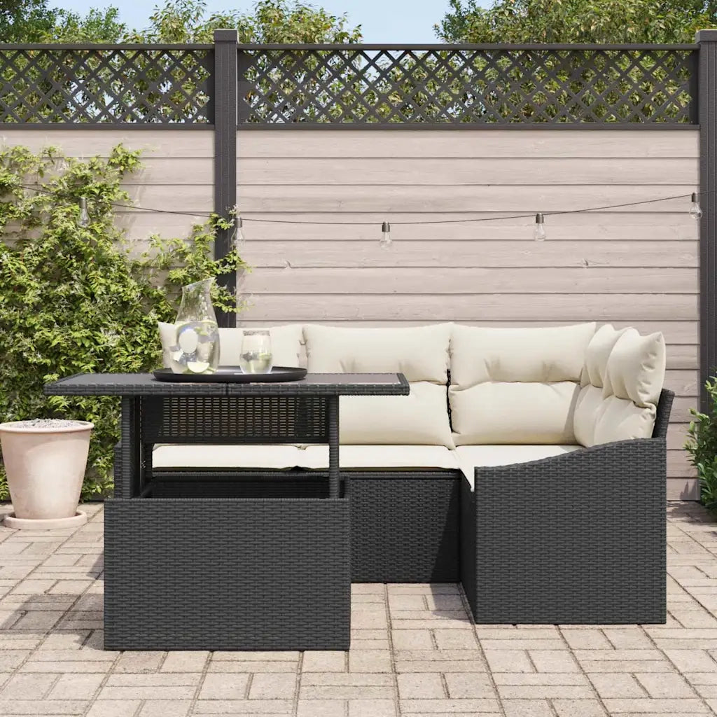 Set Divano da Giardino 5 pcs Nero e Crema polyrattan