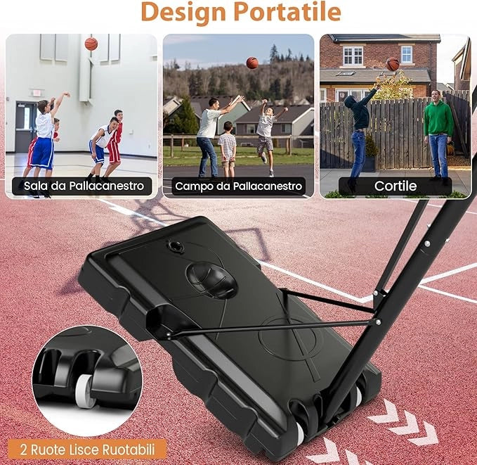 Canestro da Basket da Esterno, Canestro Basket Portatile e Regolabile in Altezza da 1,5 a 3 M con Tabellone in PC da 111 cm, Base Riempibile, Borsa per Pesi e Ruote