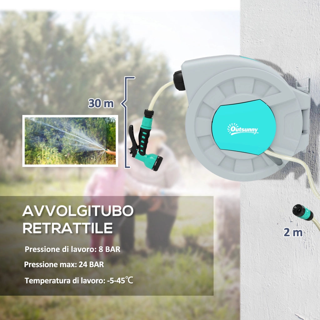 Avvolgitubo Automatico a Parete e Portatile Lunghezza 30+2 m, Sistema di Blocco e 7 Getti, Verde