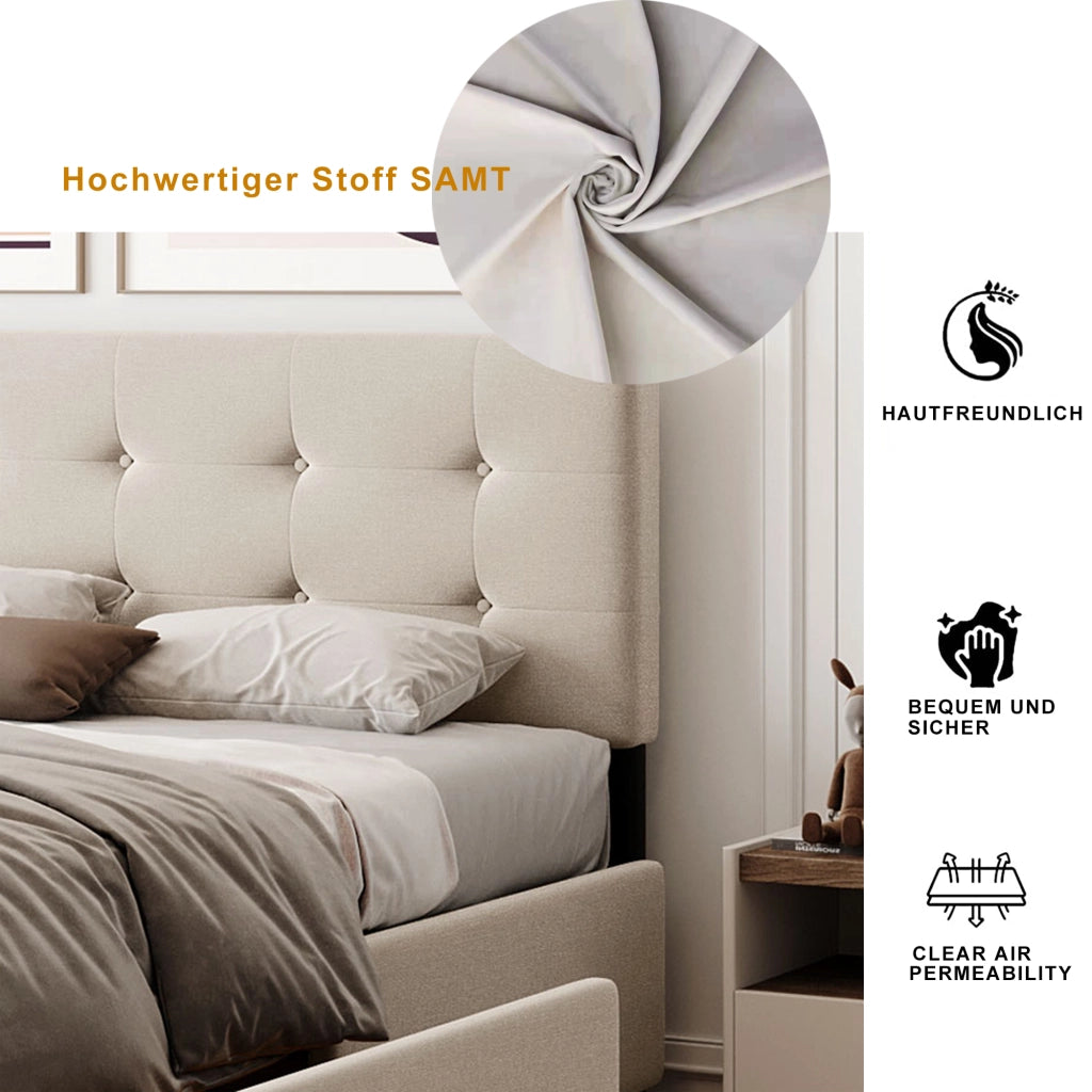 Letto Imbottito Matrimoniale con Cassetti e Rete ¨C MINIMAL ¨C Velluto Beige 140x200