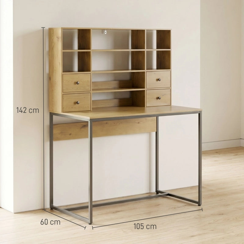 Scrivania per computer con 4 cassetti e ripiani, scrivania 105 cm, legno naturale