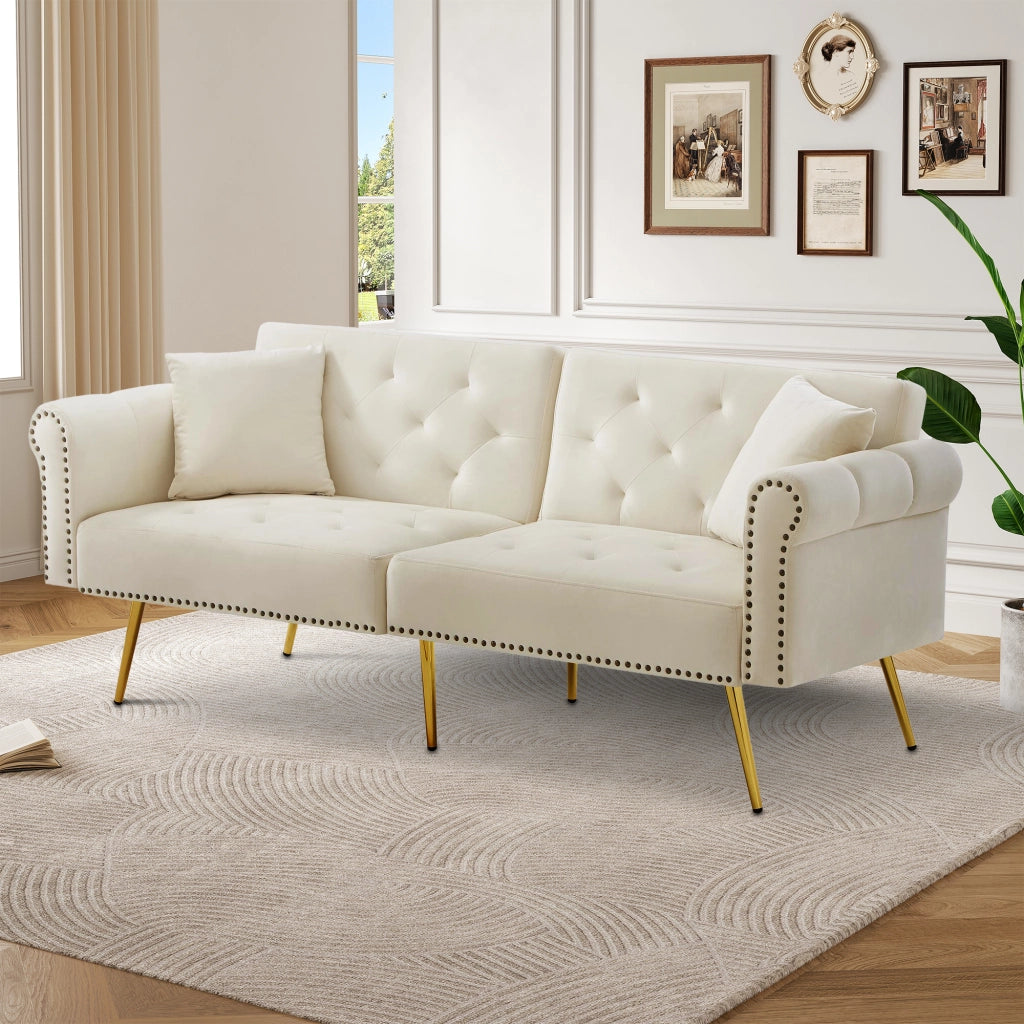 DIVANO LETTO 2 posti reclinabile 147x85 cm velluto Beige con 2 cuscini