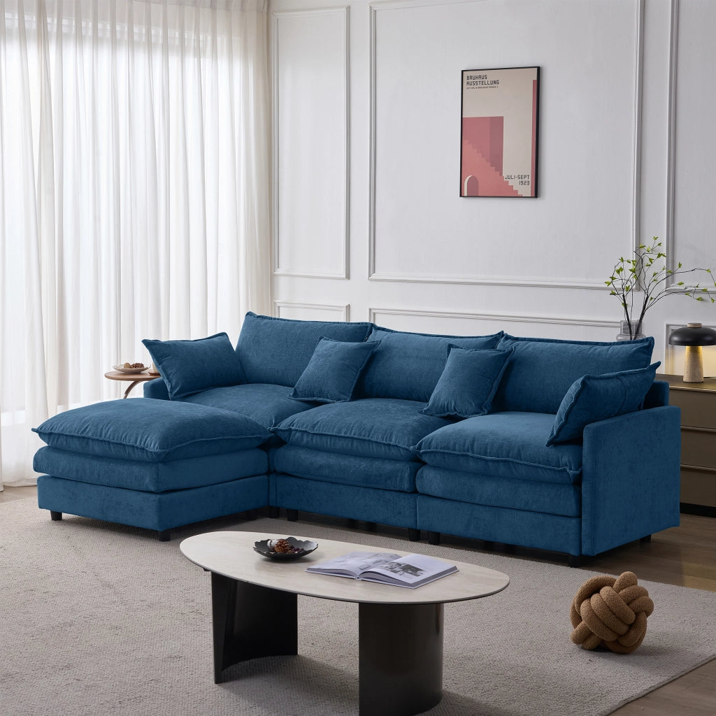 Divano angolare modulare 3 posti con pouf, Chenille Blu