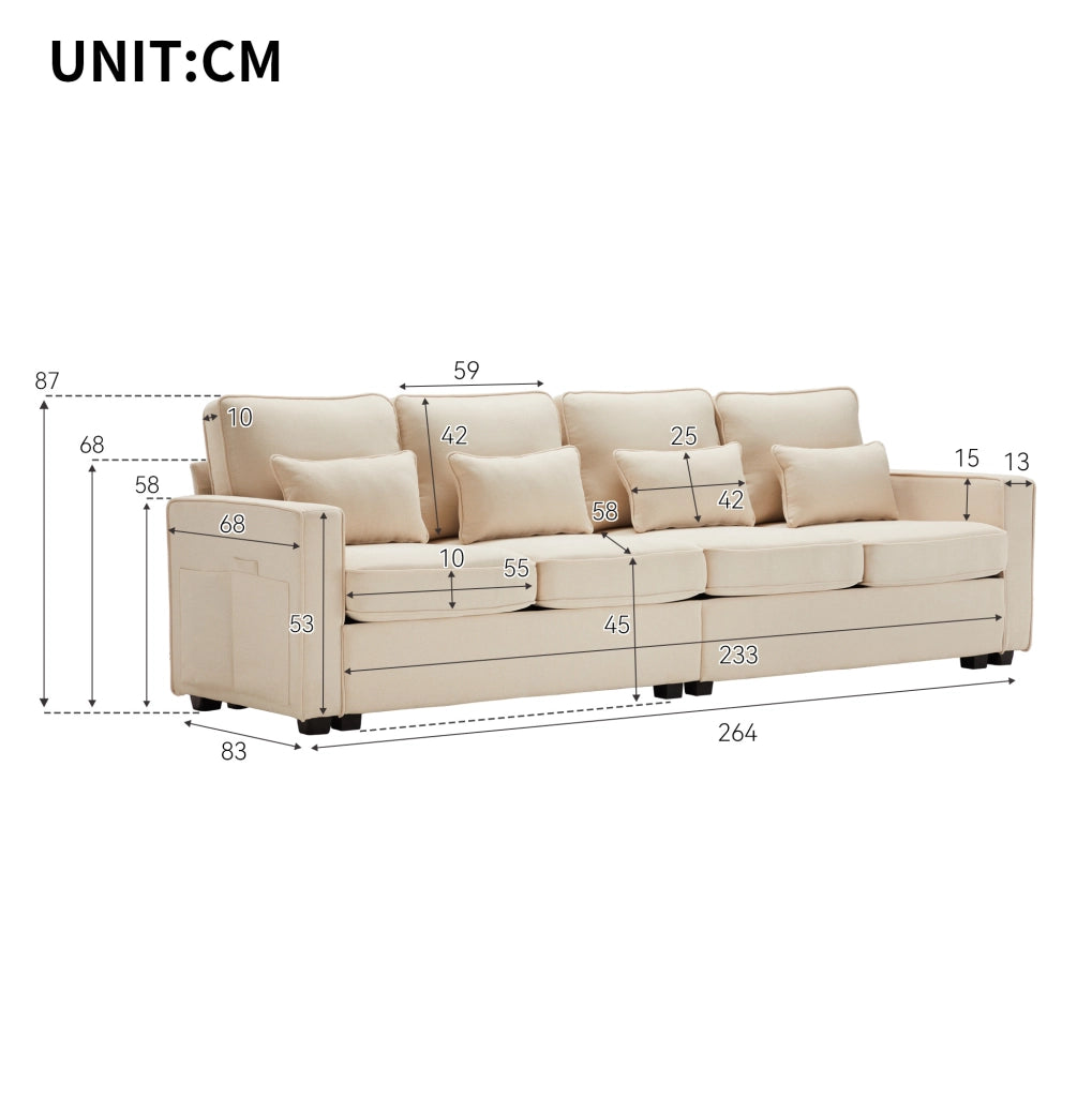 Divano a 4 posti in tessuto effetto lino beige; 264 cm; con tasche laterali e 4 cuscini