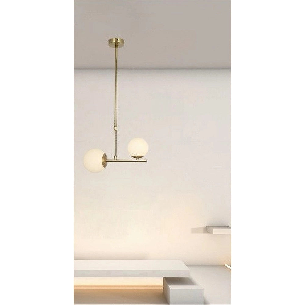 Trade Shop - Lampadario A Sospensione Oro Con 2 Sfere In Vetro Bianco Opaco Attacco G9 E27 33481 -