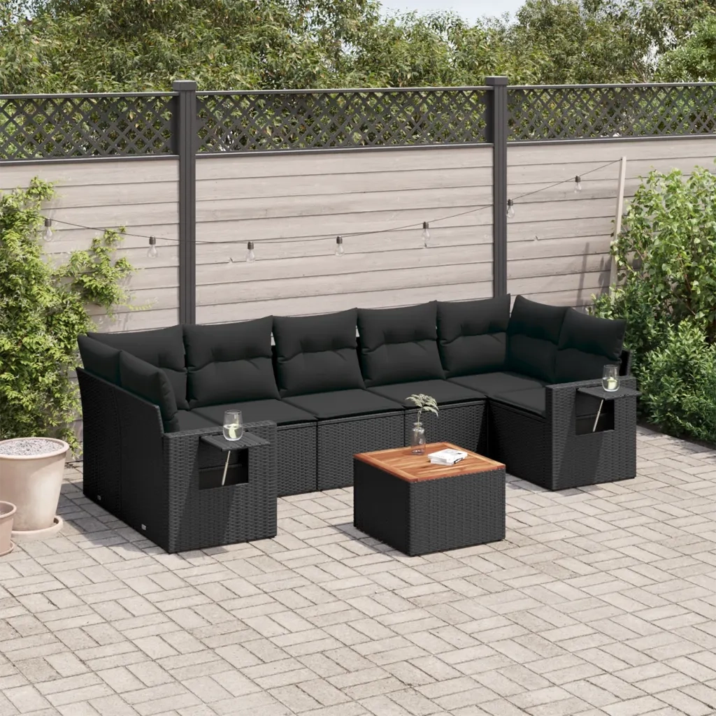 Set Divani da Giardino con Cuscini 8 pz Nero in Polyrattan 3256804