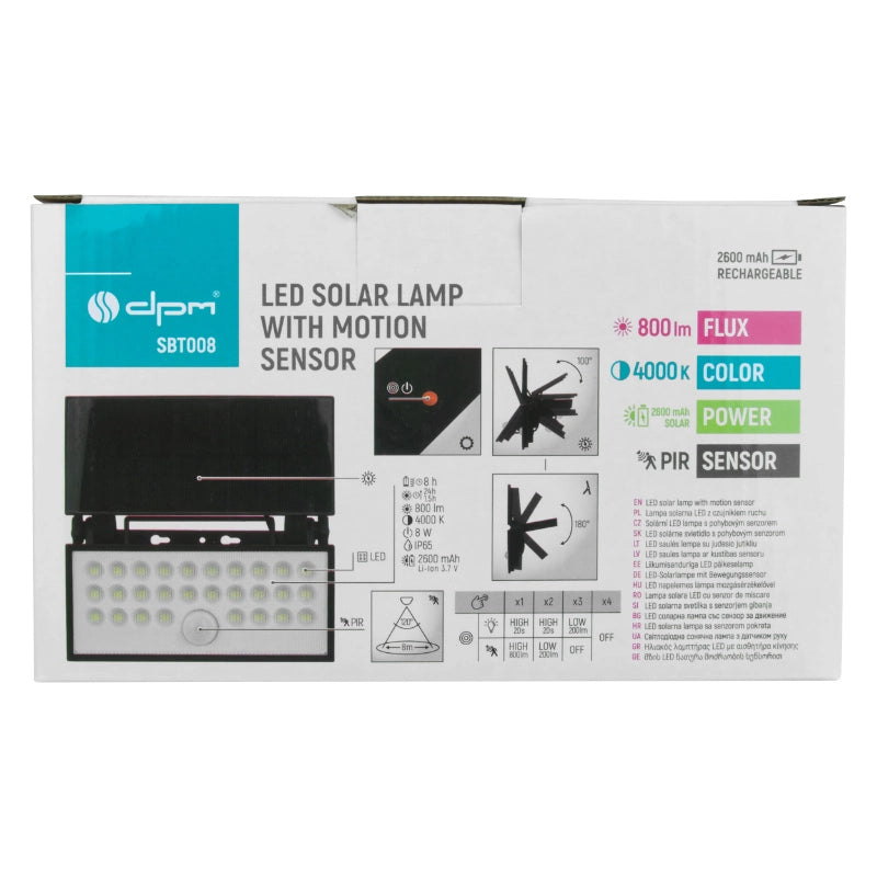 Lampada solare LED 8W con sensore movimento nera IP65 DPM